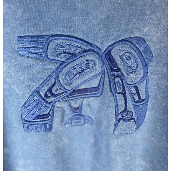 VTG Fuzzy Stonewash Native Bird 1/4 Zip High Neck Sweatshirt Mens XL Blue READ - Picture 5 of 11